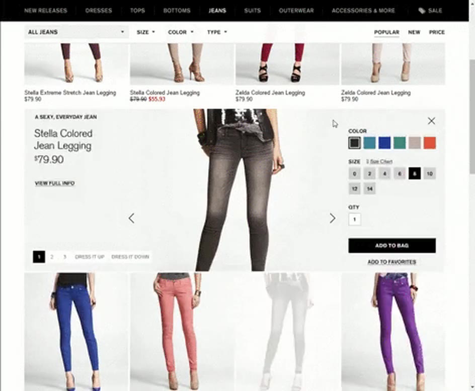 Express View: a jeans product grid with one item’s details, colors and sizes opened inline