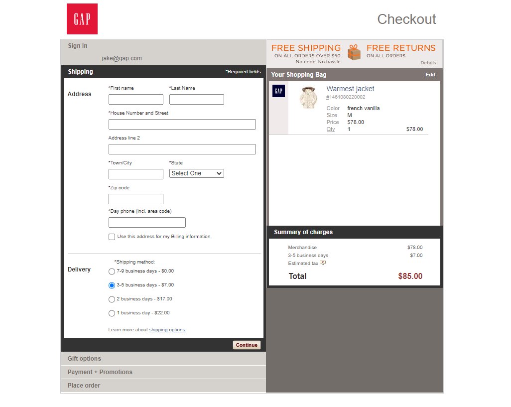 GAP accordion checkout prototype at desktop width, with shipping form and order summary